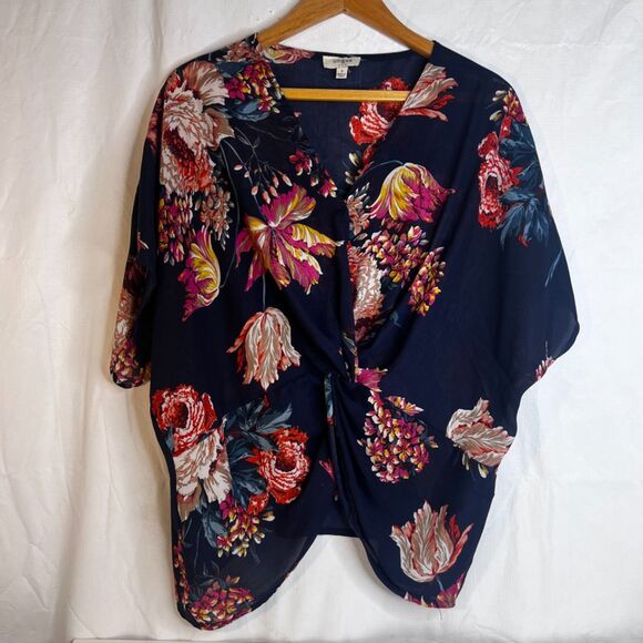 UmGee Tropical Bold Floral Print Blouse Waist Knot Boho Beachy Size Small Blue - Picture 8 of 8